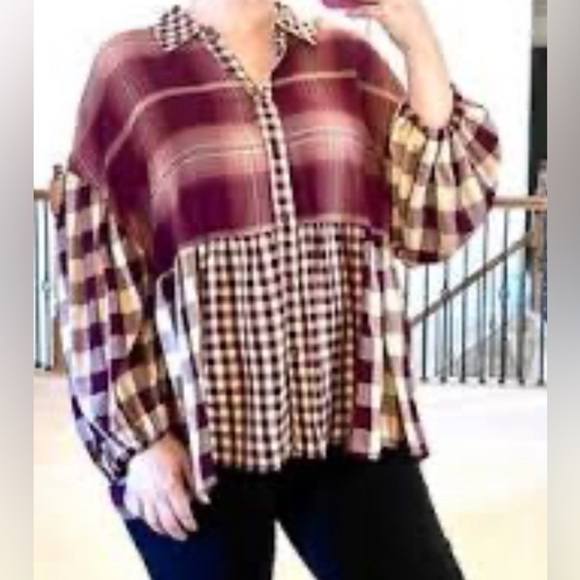 Cato Women’s Hi-low Checkered Plaid Layered Button Up Blouse Maroon Size L - Picture 1 of 9